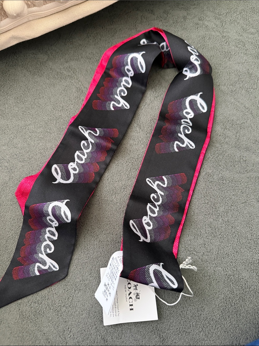 Coach Black and Hot Pink Logo Silk Hair Scarf